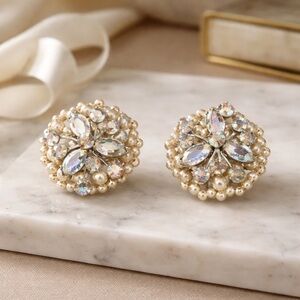 Vintage Signed EUGENE Aurora  Borealis Rhinestone &‎ Faux Pearl Clip On Earrings